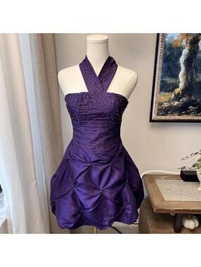 Purple Beaded Halter Bubble Mini Dress